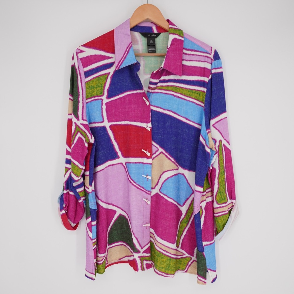 Ali Miles Artwear Button Down Shirt Abstract Geometric Women's Size XL Tunic